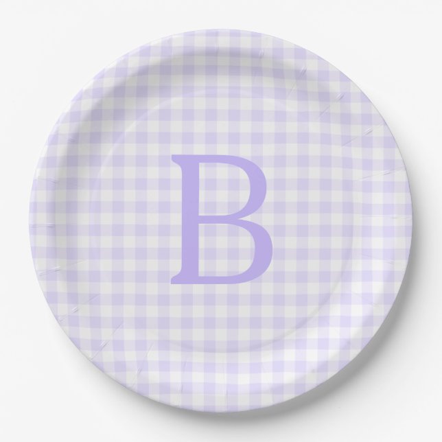 Assiettes En Carton Pastel Lavender et En vichy blanc Monogramme (Devant)