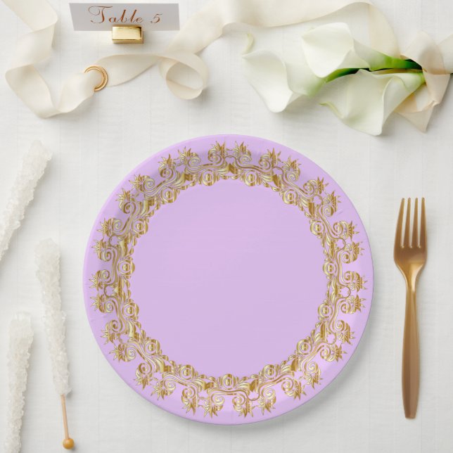 Assiettes En Carton Pastel lilas et or ornemental (Mariage)