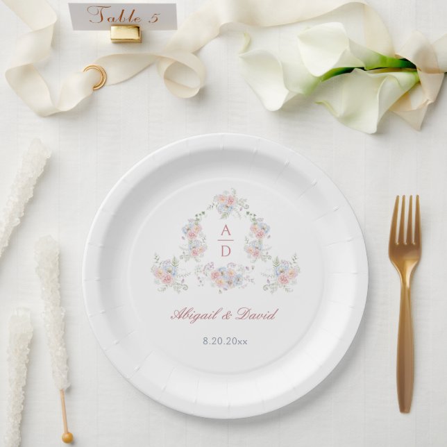 Assiettes En Carton Pastel Peonies Cadre Mariage Monogrammes (Mariage)