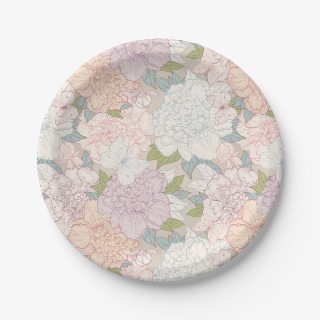 Assiettes En Carton Pastel Peony & Butterfly Flower Motif (Devant)