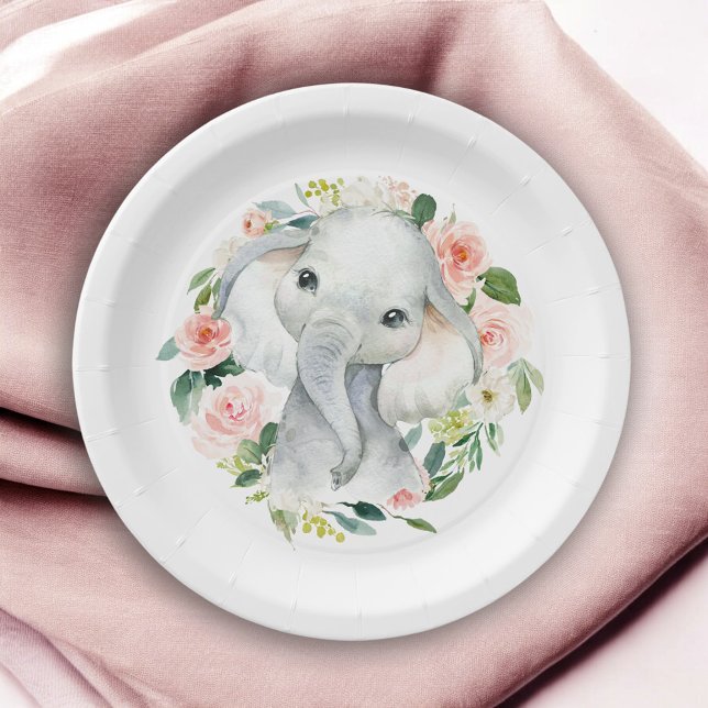 Assiettes En Carton Pastel Pink Baby Elephant Floral (Créateur téléchargé)