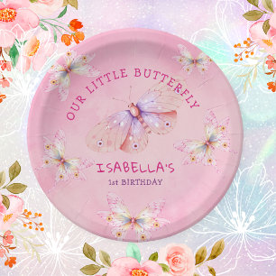 Assiettes En Carton Pastel Pink Butterfly Theme Fille 1er anniversaire