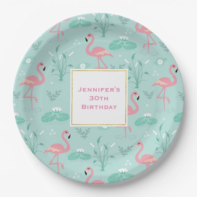 Assiettes En Carton Pastel Pink Flamants roses Vert Motif Anniversaire (Devant)