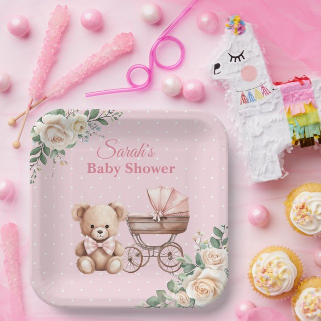 Assiettes En Carton Pastel Pink Teddy Bear Baby Shower Paper Plate (Fête)