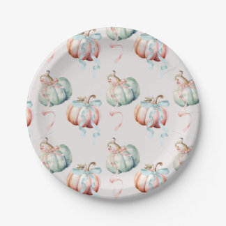 Assiettes En Carton Pastel Pumpkin and Bows Gender Reveal Paper Plate