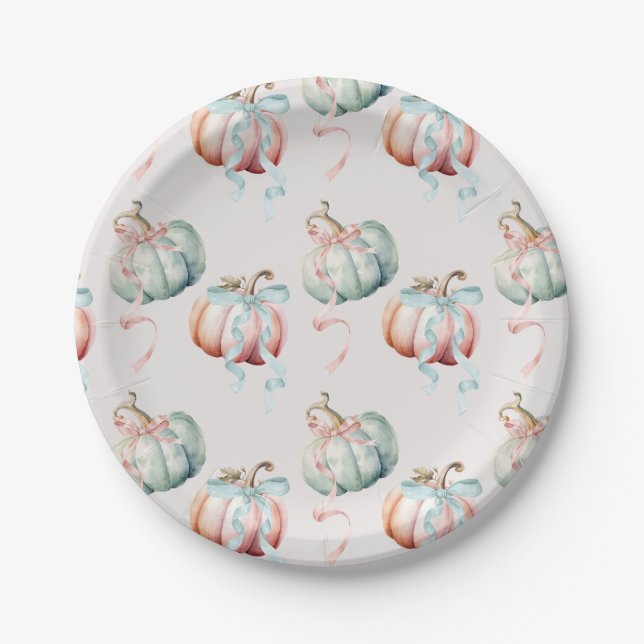 Assiettes En Carton Pastel Pumpkin and Bows Gender Reveal Paper Plate (Devant)