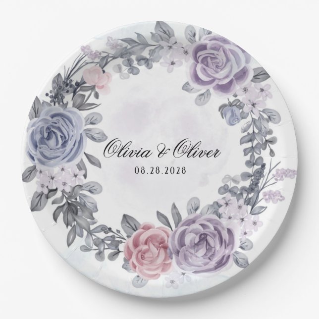 Assiettes En Carton Pastel Purple Blue Rose Floral Mariage (Devant)