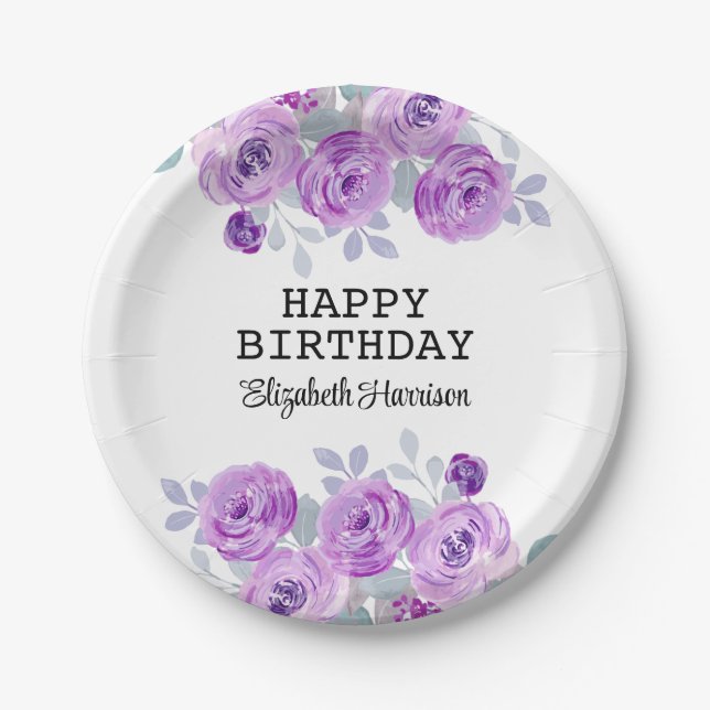 Assiettes En Carton Pastel Purple Rose Floral Verdure Joyeux Anniversa (Devant)