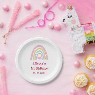 Assiettes En Carton Pastel Rainbow avec le coeur première fête d'anniv
