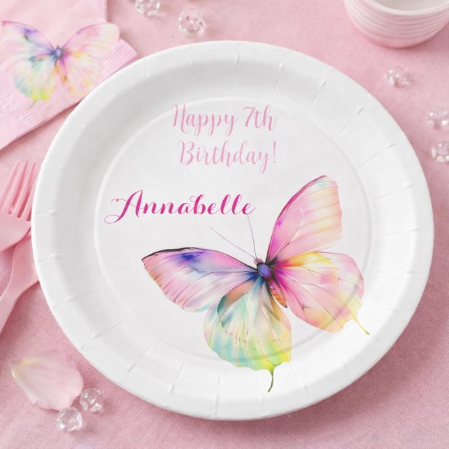 Assiettes En Carton Pastel Rainbow Butterfly 7th Birthday Party (Créateur téléchargé)