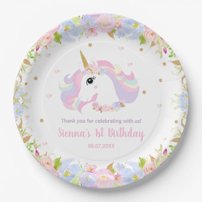 Assiettes En Carton Pastel Rainbow Floral Cute Unicorn Anniversaire (Devant)