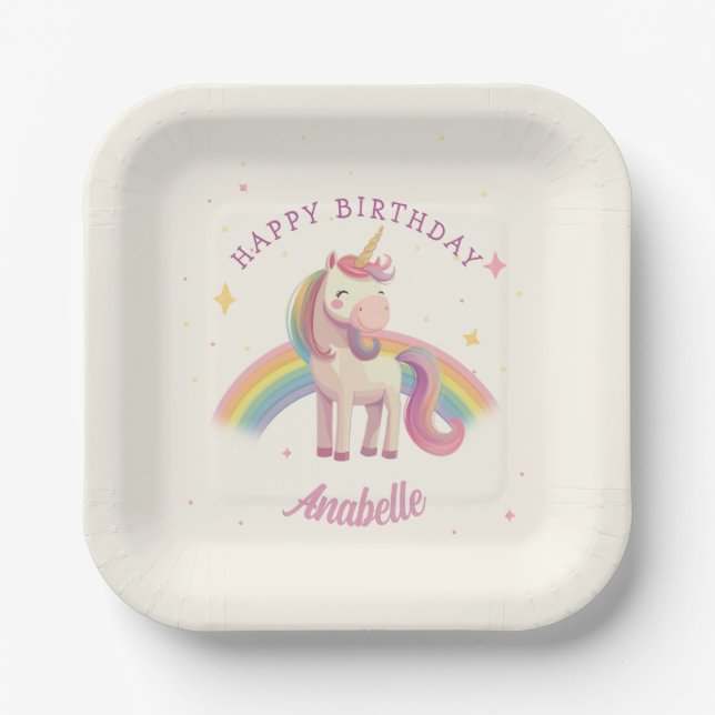 Assiettes En Carton Pastel Rainbow Unicorn fête d'anniversaire (Recto)