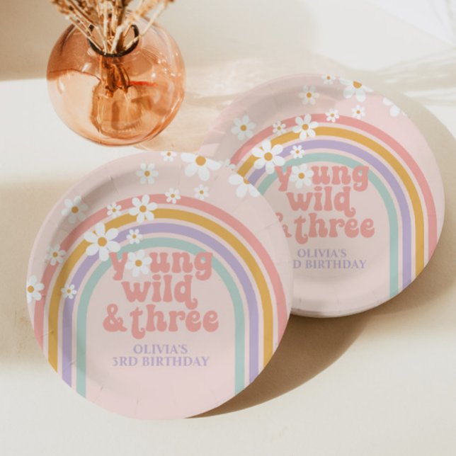 Assiettes En Carton Pastel rainbow young Wild trois 3e anniversaire (Créateur téléchargé)