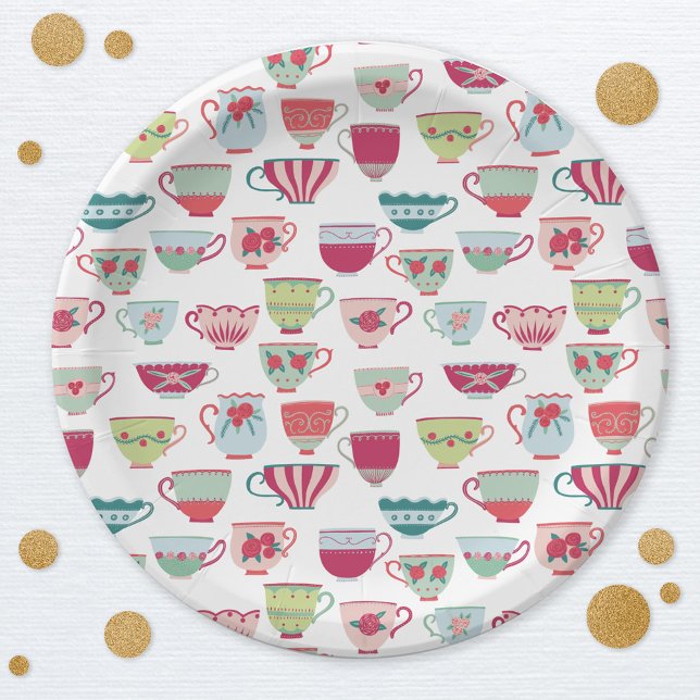Assiettes En Carton Pastel Retro Tea Party (Modern retro teacup tea party paper plates)