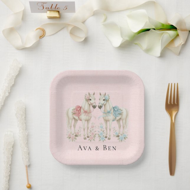Assiettes En Carton Pastel Rose et Bleu Mariage Chevaux Canvas (Mariage)