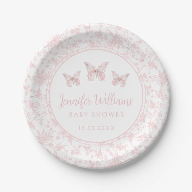 Assiettes En Carton Pastel rose petit papillon bébé douche (Devant)