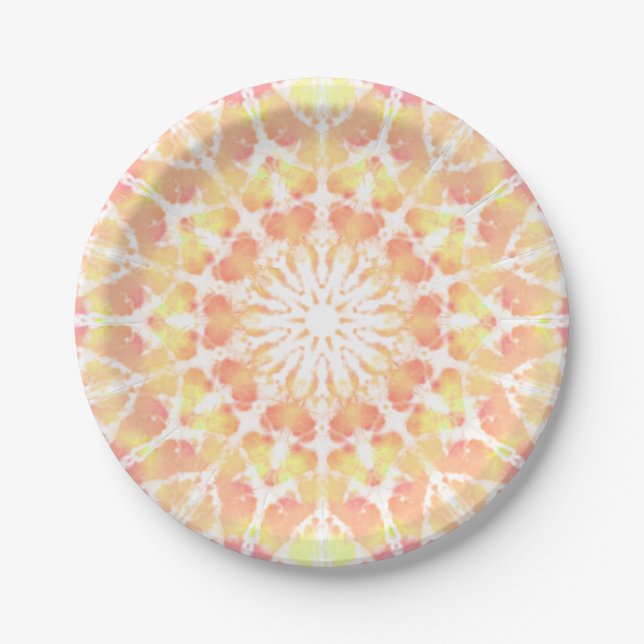 Assiettes En Carton Pastel tiedye, effet boho élégant jaune orange (Devant)