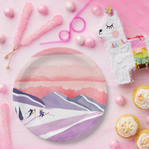 Assiettes En Carton Pastel Watercolor Ski Mountain Sunset