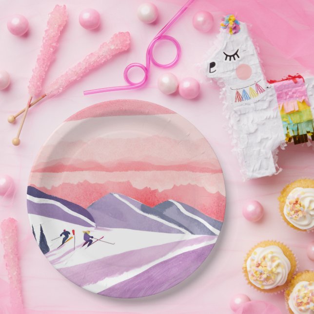 Assiettes En Carton Pastel Watercolor Ski Mountain Sunset (Fête)