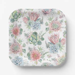 Assiettes En Carton Pastel Watercolor Succulent et Motif Cactus