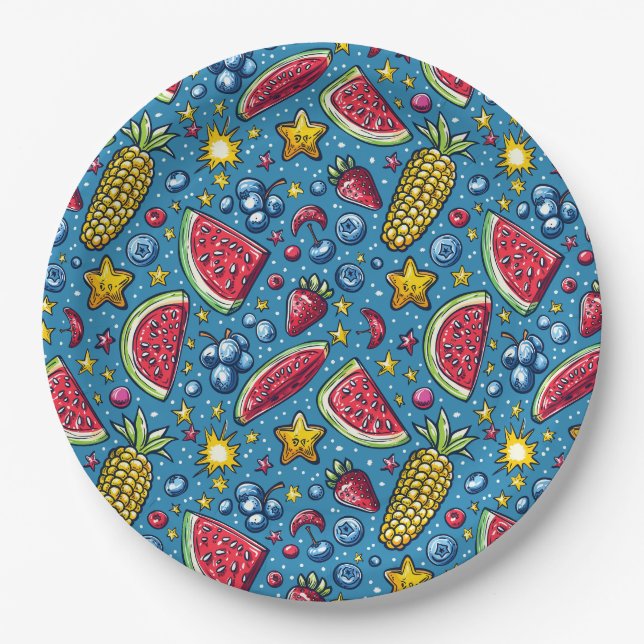 Assiettes En Carton Pastèque d'été, maïs et fruits   (Devant)