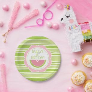 Assiettes En Carton Pastèque Preppy 1er Anniversaire rose et vert