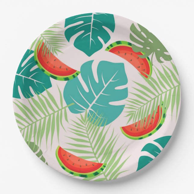 Assiettes En Carton Pastèques et Feuilles tropicaux (Devant)