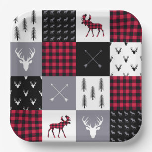 Assiettes En Carton Patchwork de Buffalo Rustique Plaid Rouge Blanc No