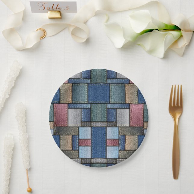 Assiettes En Carton Patchwork Denim (Mariage)