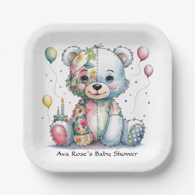 Assiettes En Carton Patchwork d'ours en peluche en Baby shower floral (Recto)