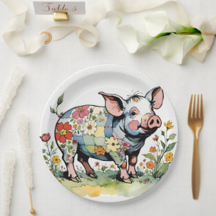 Assiettes En Carton Patchwork floral adorable Baby Farm Pig