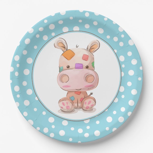 Assiettes En Carton Patchwork Hippo Enfant's Blue Anniversaire (Devant)