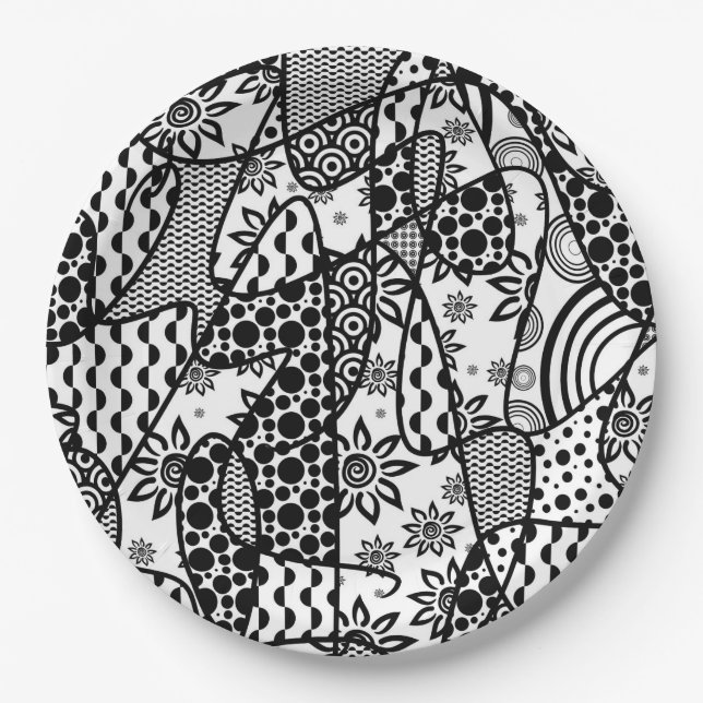 Assiettes En Carton Patchwork motif noir et blanc 03 (Devant)