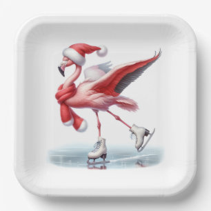 Assiettes En Carton Patinage sur glace de flamingo de Noël