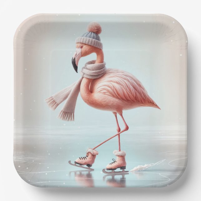 Assiettes En Carton Patinage sur glace Flamant rose rose (Recto)