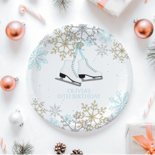 Assiettes En Carton Patinage sur glace Flocons de neige Bleu Argent Or