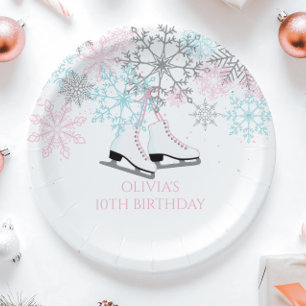 Assiettes En Carton Patinage sur glace Snowflakes Pink bleu argent par