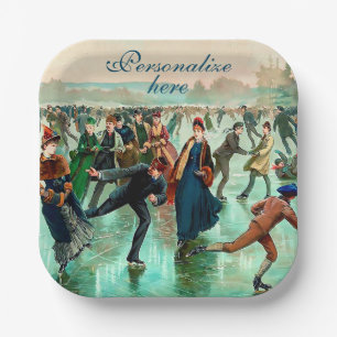 Assiettes En Carton Patinage sur glace victorien scène hivernale vinta