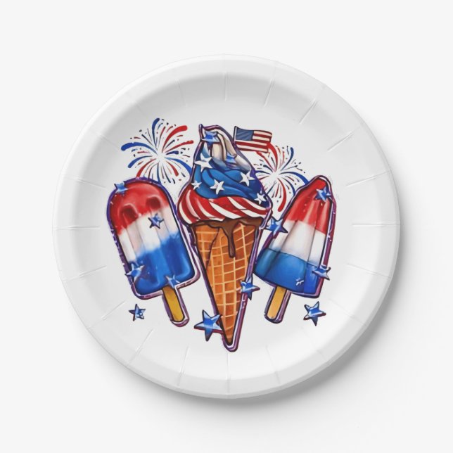 Assiettes En Carton Patriotic Popsicles Crème de glace 4 juillet (Devant)