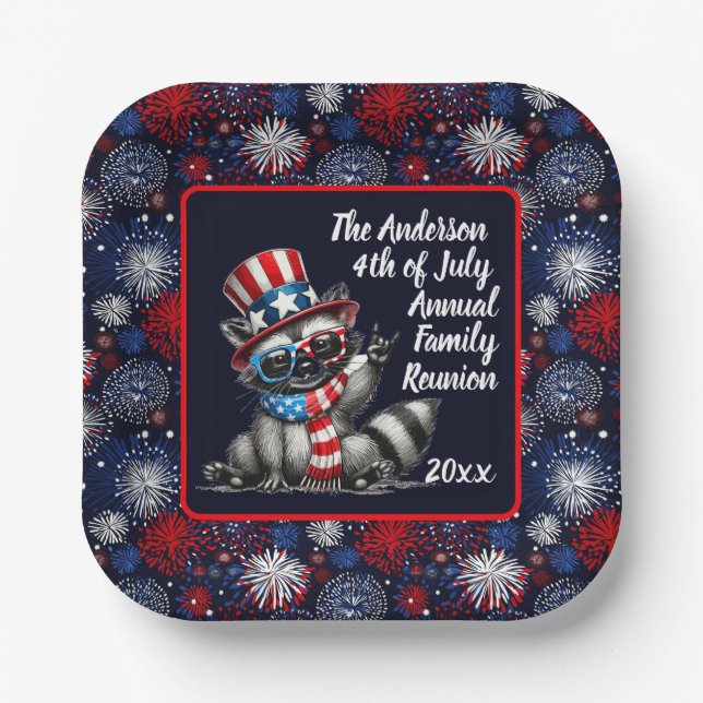 Assiettes En Carton Patriotic Raccoon 4 juillet (Recto)