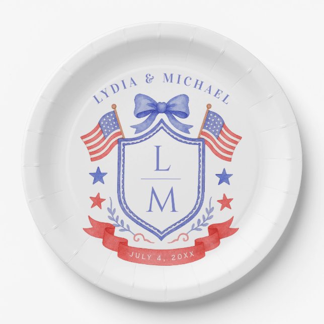 Assiettes En Carton Patriotic Red White & I Do Monogram Wedding (Devant)