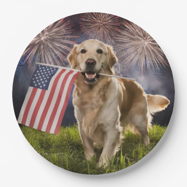 Assiettes En Carton Patriotique Golden Retriever avec feux d'artifice (Devant)