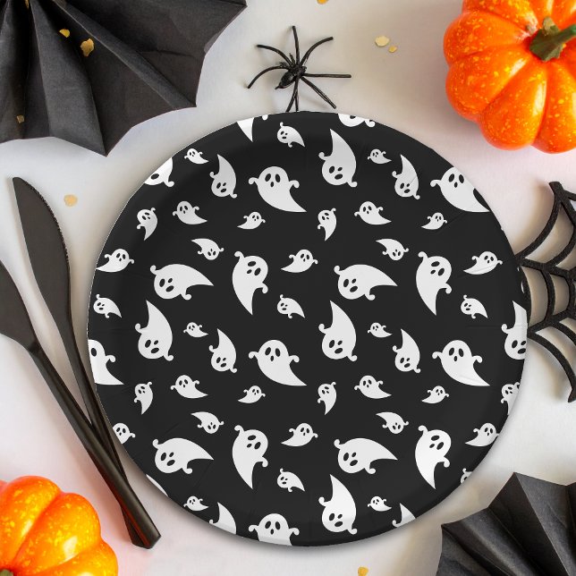 Assiettes En Carton Patte De Fantôme Noir Et Blanc Cute Halloween (Créateur téléchargé)