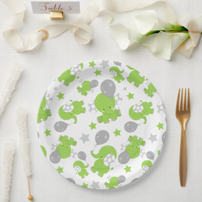 Assiettes En Carton Pattern of Green Elephants, Cute Elephants, stars (Mariage)