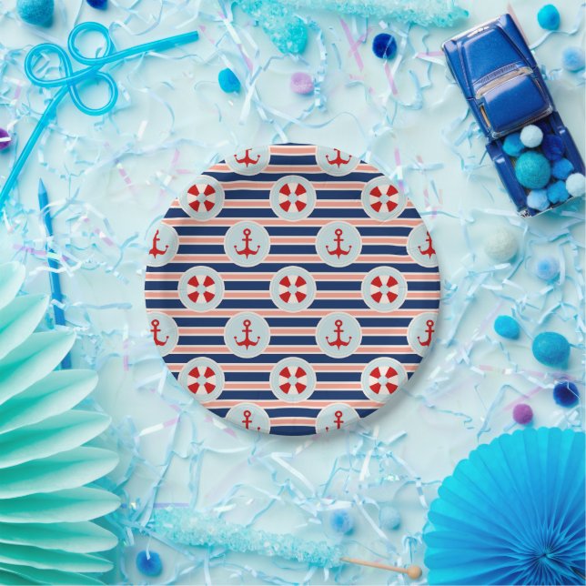 Assiettes En Carton Patterns de Nautical Stripes and Dots (Fête)