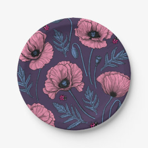 Assiettes En Carton Pavot rose sur violet foncé