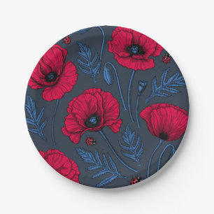 Assiettes En Carton Pavot rouge et coccinelle bleu foncé