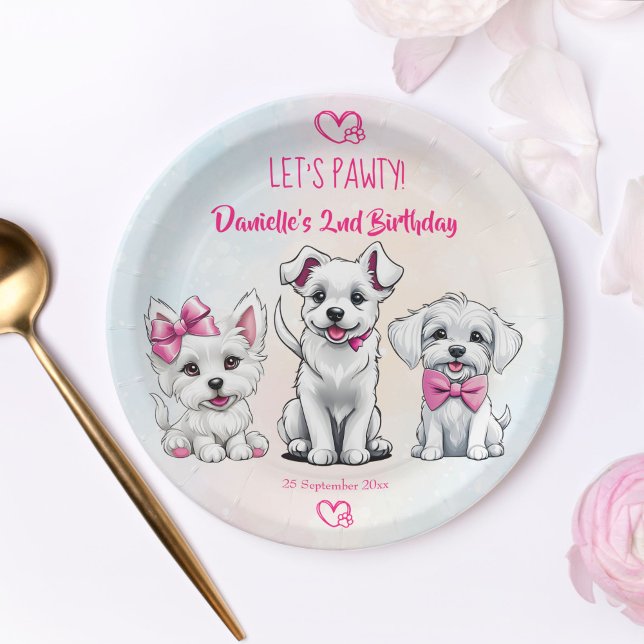 Assiettes En Carton Pawty rose mignon chiots d'anniversaire imprimé (Let's pawty cute puppies pink bows birthday printed paper plates personalized plates table decor)