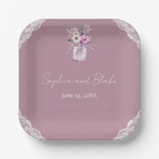 Assiettes En Carton Pays dentelle Mason Jar Mariage rose (Recto)