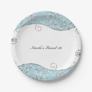 Assiettes En Carton Pays des merveilles d'hiver Bleu et Argent Tourbil